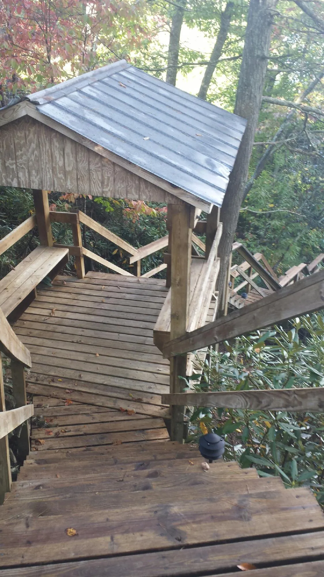 Metal roofed shelter over wooden steps on a wooded walkway — Skylight Repair & Installation work by our crew in Fort Valley